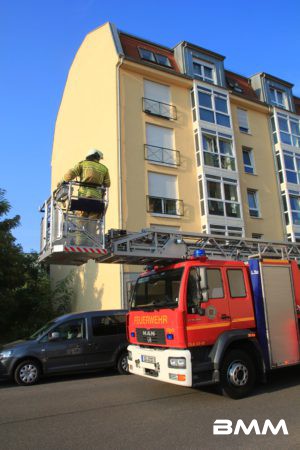 Katze sitz am Fenster im vierten Stock fest – Tierrettung mit Drehleiter